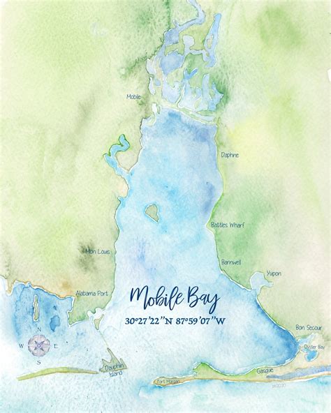 Mobile Bay Watercolor Map 8x10 - Etsy