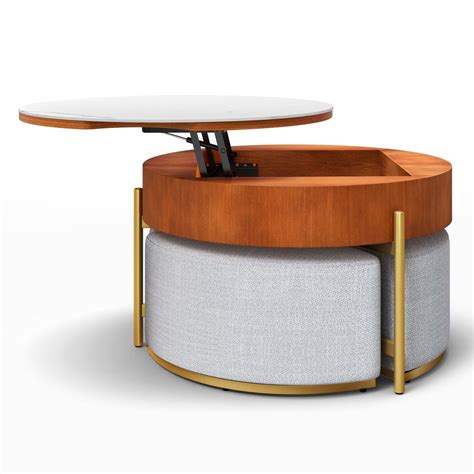 Hernest | Lift Top Coffee Table with Stool Ottoman, Wooden Base Round Pop Up Tabletop with ...