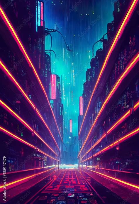 Cyberpunk neon city night. Futuristic city scene. Backdrop. Wallpaper. Retro future 3D ...