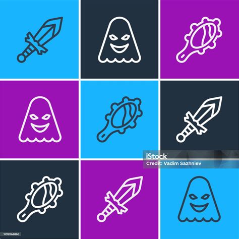 Set Line Medieval Sword Magic Hand Mirror And Ghost Icon Vector Stock Illustration - Download ...