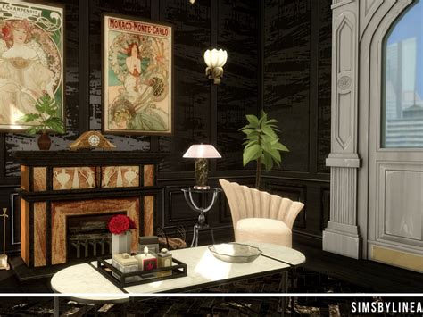 Retro Dark Art Deco Living Room by SIMSBYLINEA at TSR » Sims 4 Updates