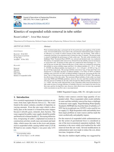 (PDF) Kinetics of suspended solids removal in tube settler