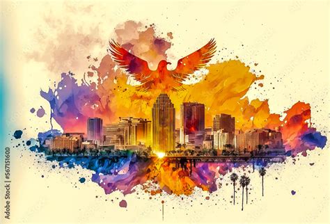 Watercolor Painting of Phoenix Arizona Sunset Wall Art Wallpaper of City Skyline Stock ...