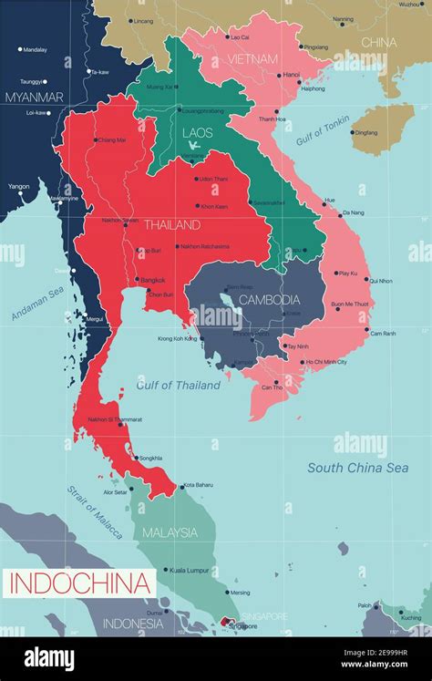 Indochina detailed editable map with countries cities and towns. Vector ...