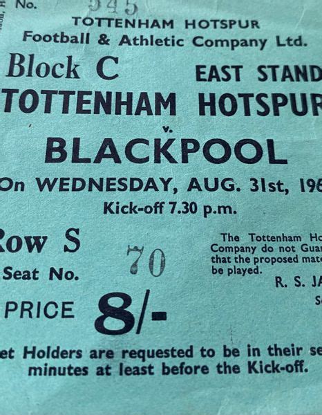 1960/61 ORIGINAL DIVISION ONE TICKET TOTTENHAM HOTSPUR V BLACKPOOL ...