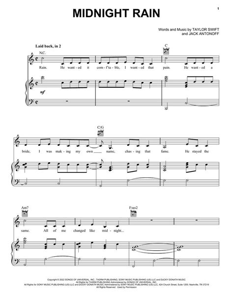 Taylor Swift Midnight Rain Sheet Music Notes, Chords in 2022 | Sheet ...