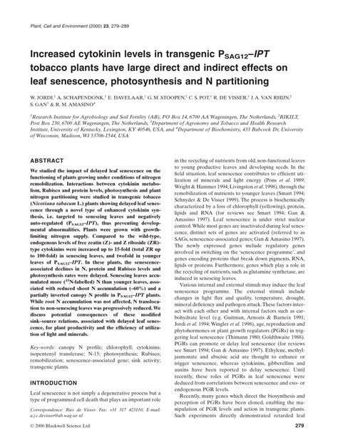 (PDF) Increased cytokinin levels in transgenic PSAG12-IPT tobacco ...