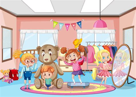 Girl bedroom interior with happy children cartoon character 4760859 ...