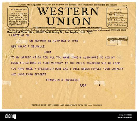 Franklin D. Roosevelt telegram to Reginaldo del Valle Stock Photo - Alamy