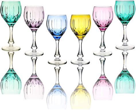 Neman TM6874/MC, 10 Oz Handmade Crystal Cut Wine Glasses, Multi-Colored Stemmed Glassware, Set ...