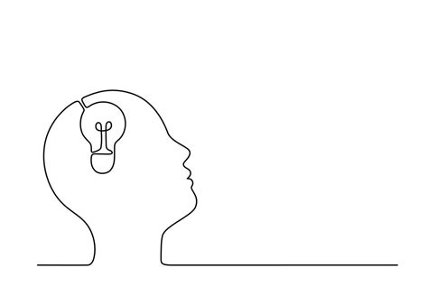 Man think brain and imagination idea with lightbulb in his head, continuous single one line ...