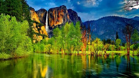 Mountains, lake, Spring, waterfall - Beautiful views wallpapers: 1920x1080