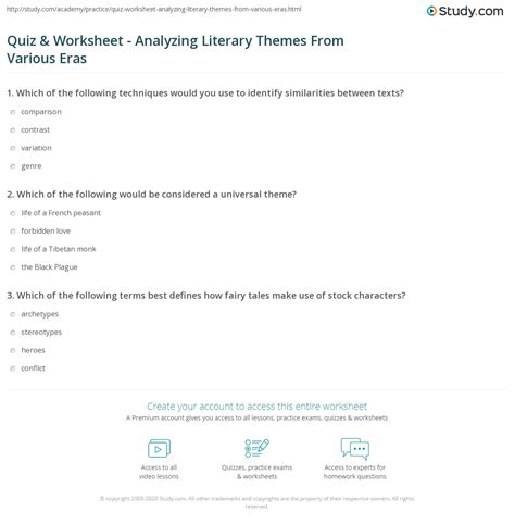 Quiz & Worksheet - Analyzing Literary Themes From Various Eras | Study.com