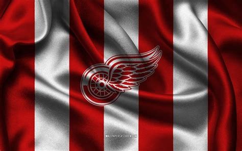 4k, Detroit Red Wings logo, red white silk fabric, American hockey team ...