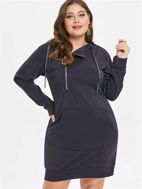 Lortalen Plus Size Zip Kangaroo Pocket Dress Women Clothing Casual Straight Hooded Long Sleeve ...