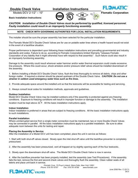 Double Check Valve Installation Instructions - Flomatic Corporation