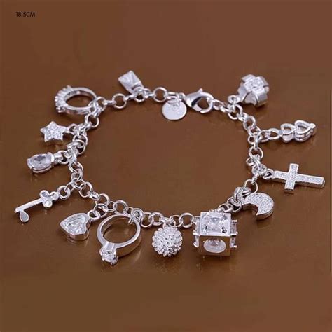 Christmal gift wholesale women Charm Bracelet silver Bracelets Big Austrian Crystal 13 Charms ...