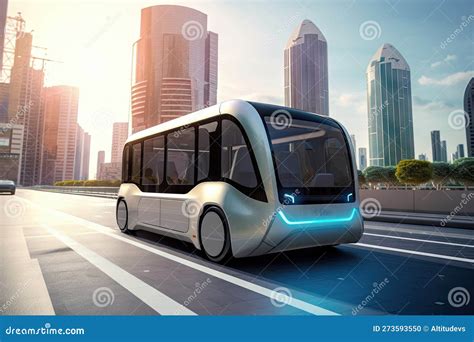 Futuristic Electric Bus Drives Past Futuristic Cityscape, with Tall ...