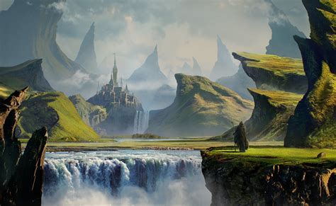 fantasy Art, Digital Art, Mountain, Waterfall, Nature, Castle, Rock, Men, Clouds Wallpapers HD ...