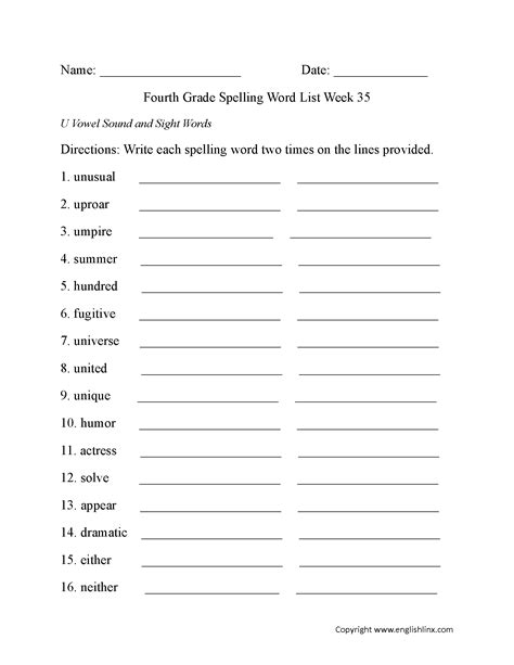 Spelling Worksheets | Fourth Grade Spelling Words Worksheets