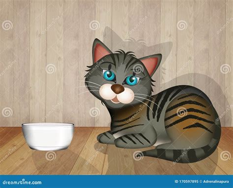 Cat and bowl of milk stock illustration. Illustration of funny - 170597895