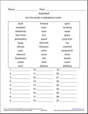 Basketball Vocabulary ABC Order – Abcteach