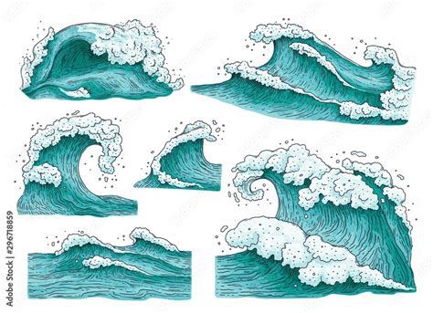 Set of hand drawn ocean water waves cartoon vector illustrations isolated. Stock Vector | Adobe ...