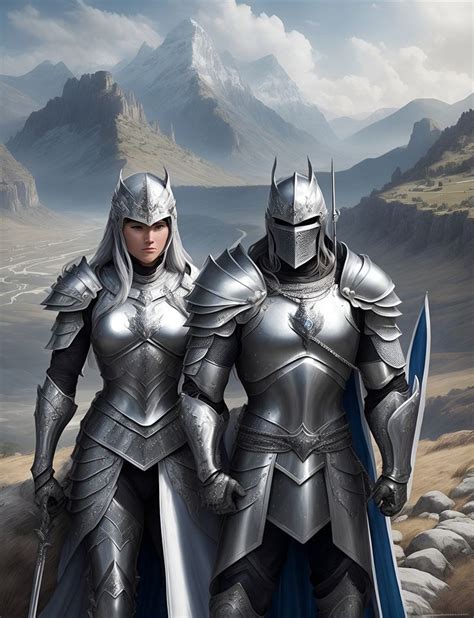 two knights standing next to each other with mountains in the background