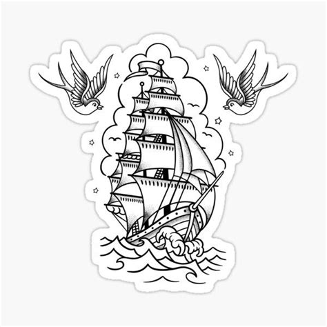 "Distressed Traditional Tattoo Sailing Ship and Swallows" Sticker for ...