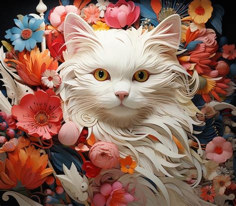 Premium AI Image | there is a white cat with yellow eyes sitting in a flower arrangement ...