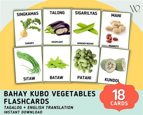 Bahay Kubo Vegetables 18 Cards Flashcards Tagalog Flashcards With ...