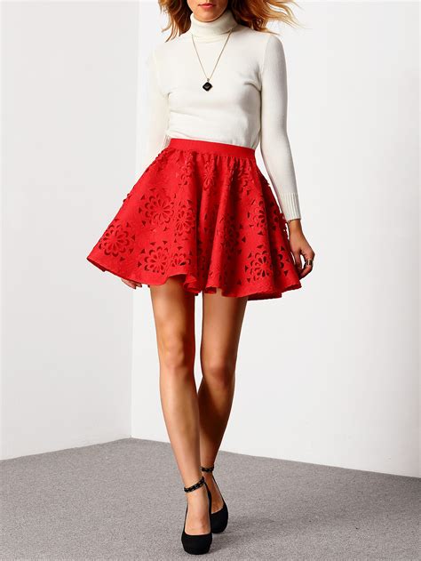 Red High Waist Hollow Flare Skirt -SheIn(Sheinside)