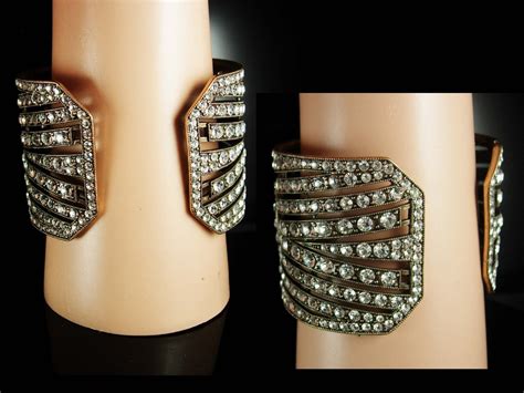 300 Rhinestone Cuff bracelet Art deco design Vintage Art deco Bracelet 10 Row - Bracelets