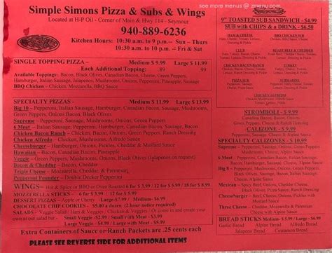 Online Menu of Simple Simon's Pizza Restaurant, Seymour, Texas, 76380 - Zmenu