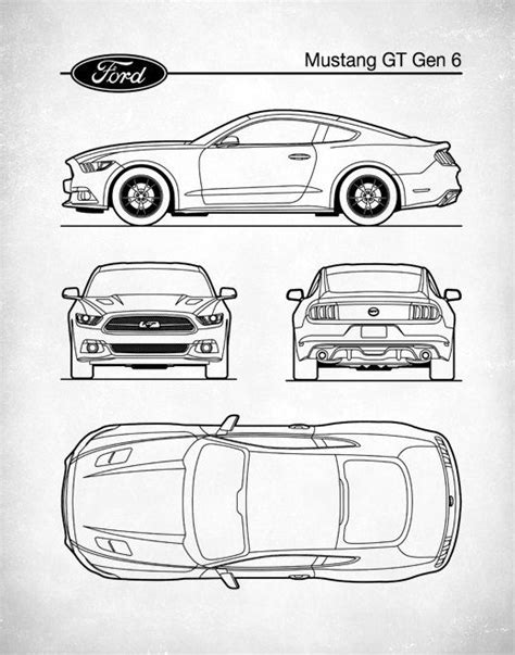 the ford mustang gt blueprint is shown in black and white, as well as three other