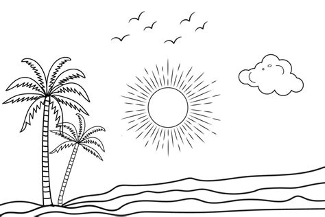 Summer sunset tropical beach line art vector illustration, hand drawn sunset and sunrise outline ...