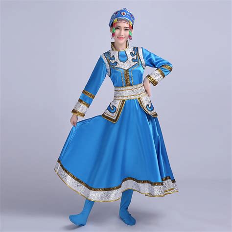 Sky blue red folk dance cosplay stage performance Dance clothes Costume Mongolian gowns dress ...