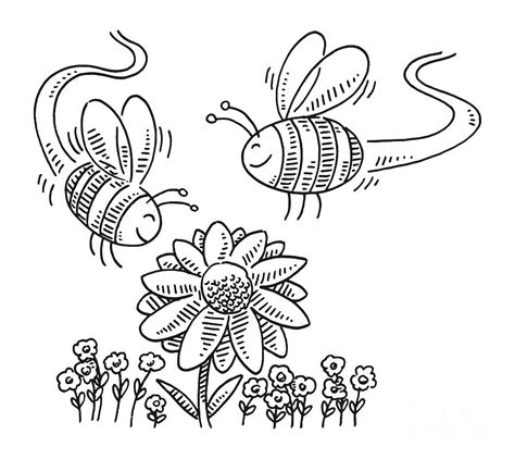 Cute Cartoon Bees Flying Around Flower Drawing Drawing by Frank Ramspott - Fine Art America