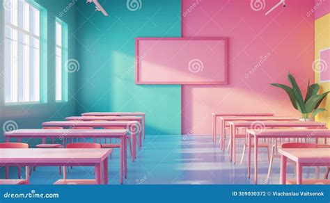 Empty Colorful Classroom with Desks and with Green Board in School Stock Illustration ...