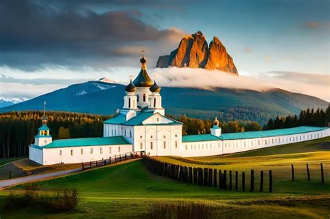 Premium AI Image | a church in the mountains with a mountain in the background