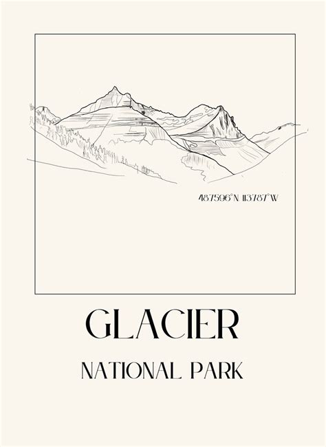 Glacier National Park Poster Simple Sketch Fine Line Wall - Etsy