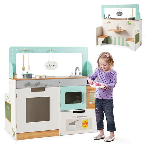 Costway 2 in 1 Kids Play Kitchen & Diner Restaurant Wooden Pretend ...