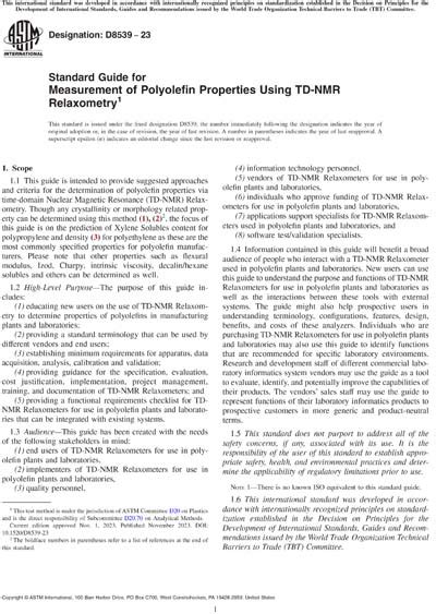 ASTM D8539-23 - Standard Guide for Measurement of Polyolefin Properties Using TD-NMR Relaxometry