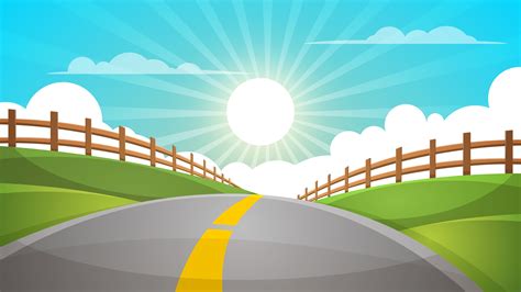 Cartoon hill landscape. Road, travel illustration, fence. 625590 Vector ...