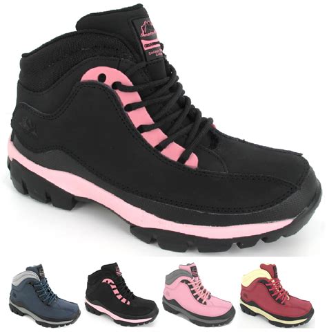 LADIES SAFETY BOOTS WOMENS LEATHER HIKING ANKLE STEEL TOE CAPS BOOTS ...