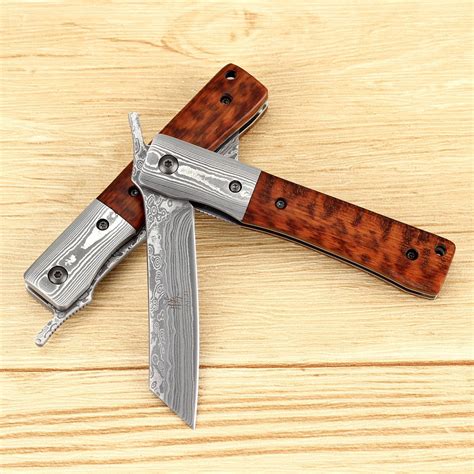 KATSU Handmade Damascus Steel Japanese Razor Pocket Folding Knife with ...