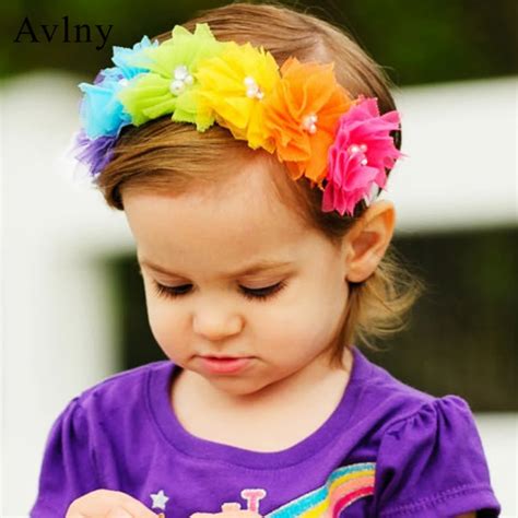 Newborn Baby Headbands Tulle Flower Elastic Rainbow Headbands Girls Infant Hairbands Kids ...