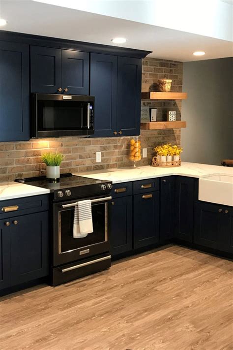 Navy Cabinets with Stainless Black Appliances | Blue kitchen designs ...