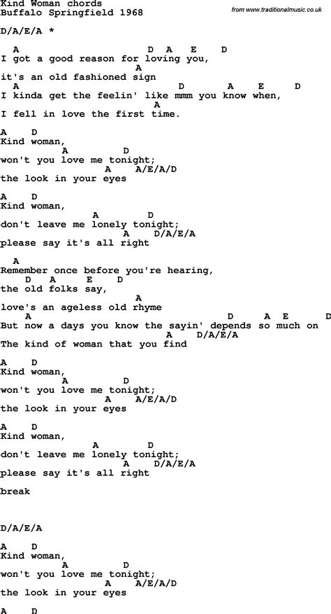 Song lyrics with guitar chords for Kind Woman