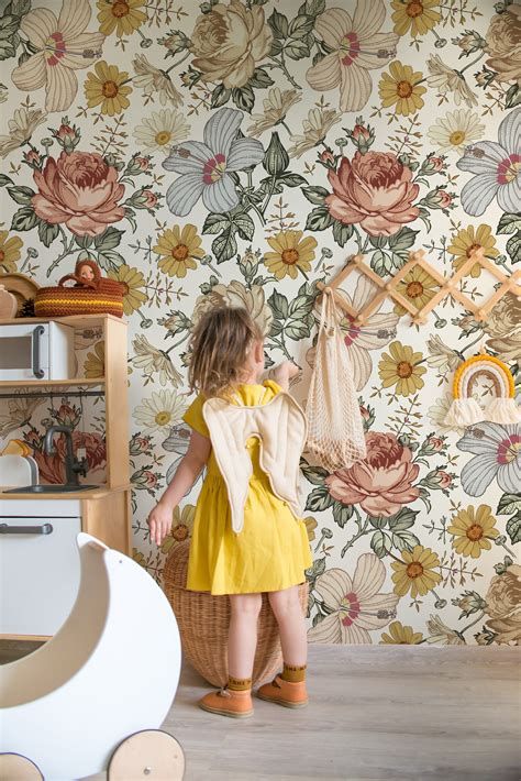 Kids Floral Wallpaper Peel and Stick | Peony Flower Wall Mural